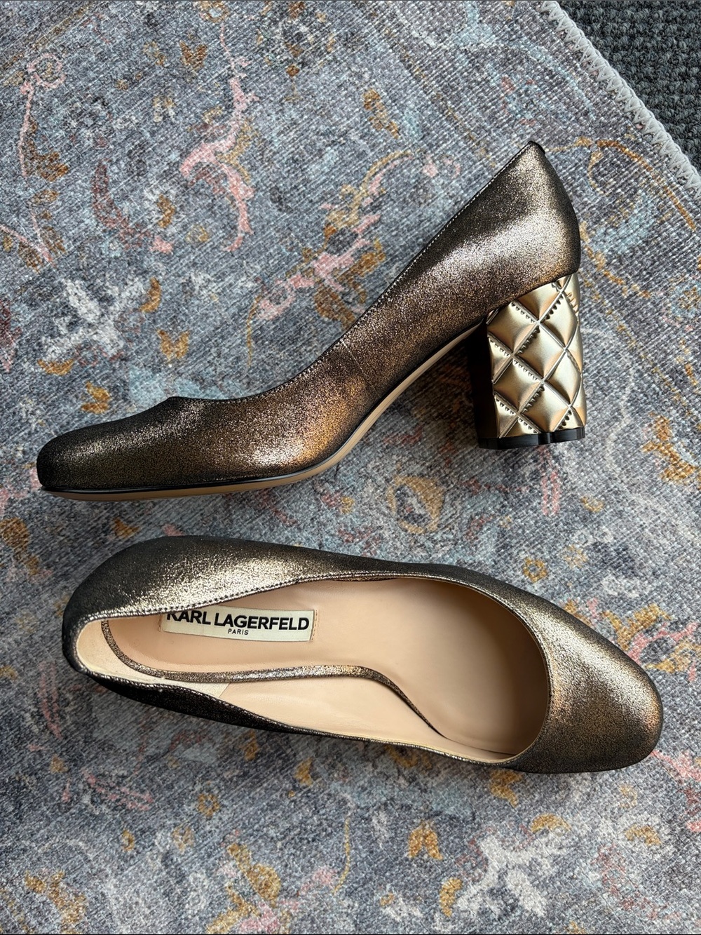 Karl Lagerfeld Metallic Bronze Quilted ‘Scarlet’ Block Quilted Heel Pumps